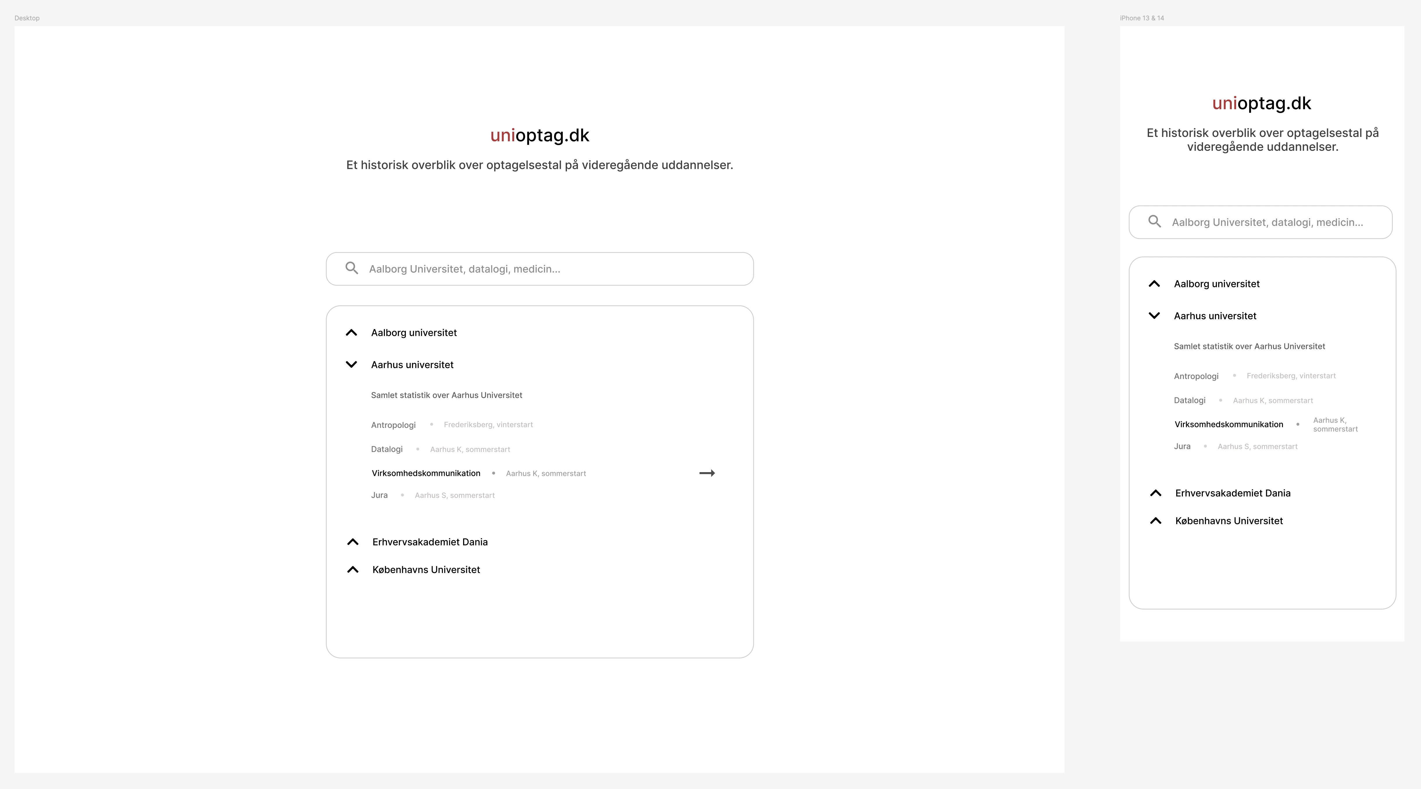 Medium fidelity prototype of the homepage of optal.dk.